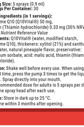 Ingredient details and usage instructions for Vitamin360 CoQ10 50mg oral spray, pineapple flavor.